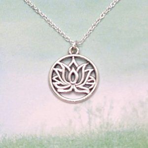 Buddhist Lotus Flower in Circle Silver Necklace